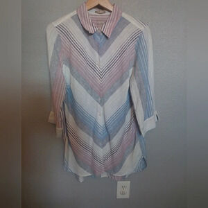 Chicos Linen Striped Tunic Top Blouse Multicolored Beach Resortwear 8/10